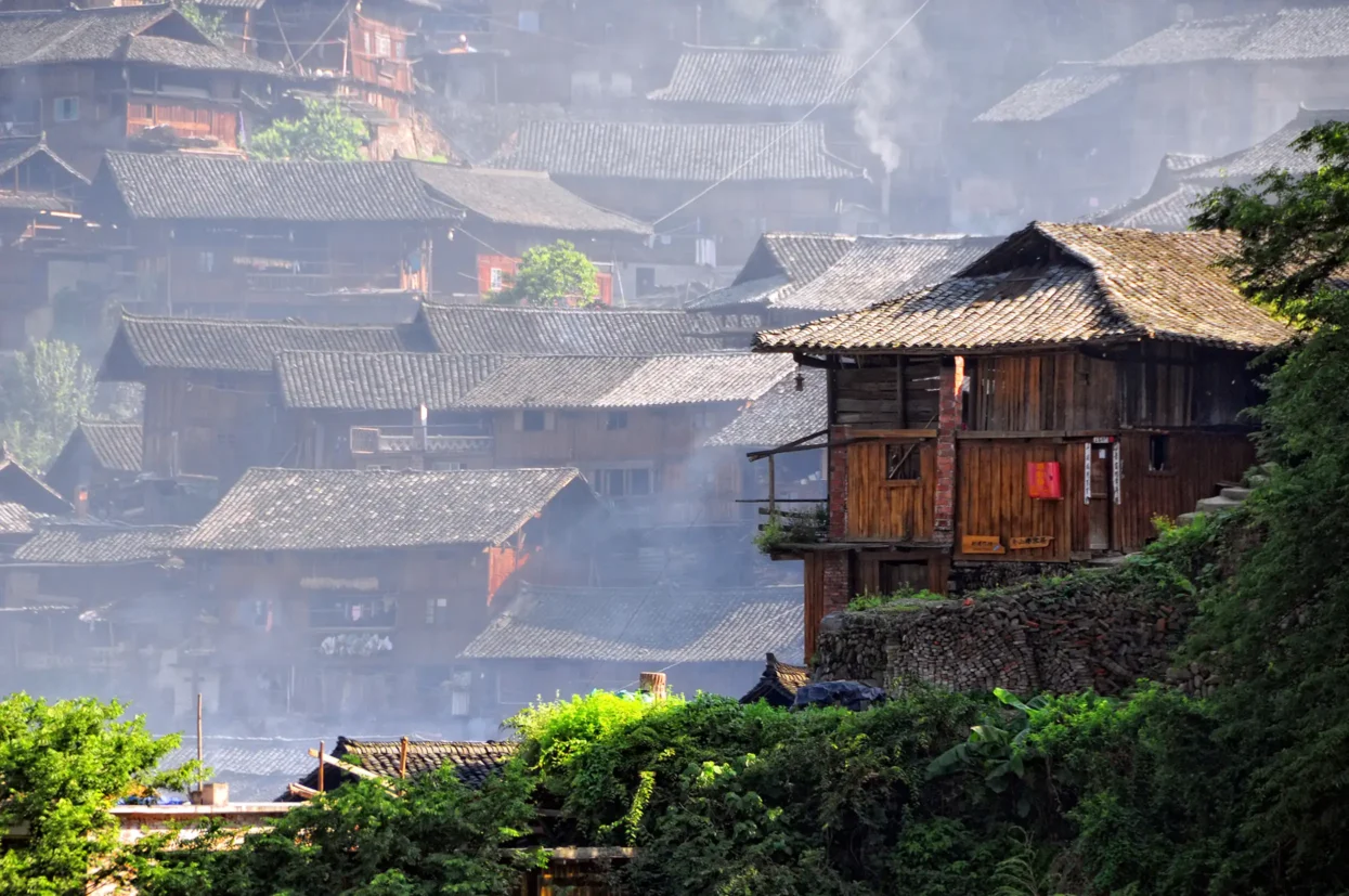 Houten huisjes in Xijiang